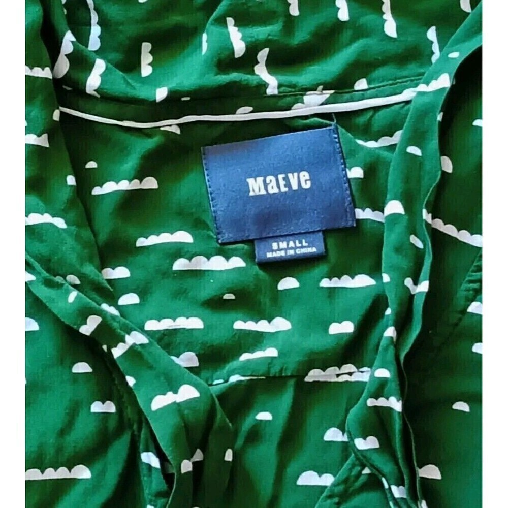 Maeve Anthropologie Blouse Size Small Green Cloud Print  Button Up Tie Oversized - Picture 4 of 9